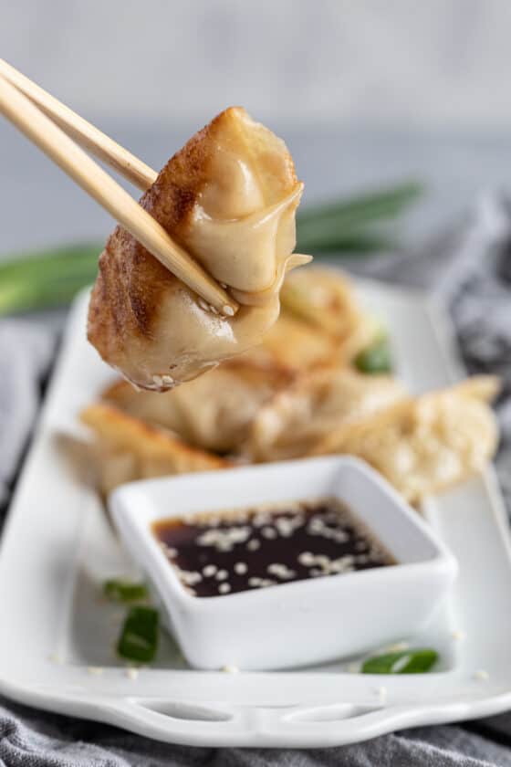 A Pair of Wooden Chopsticks Squeezing a Warm Chicken Dumpling