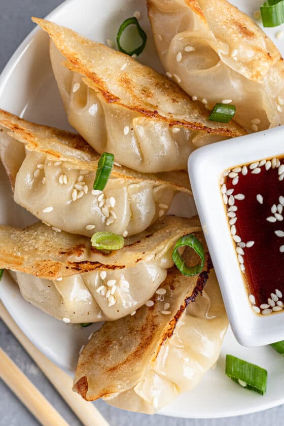 A Close-Up Shot of Chicken Potstickers on a Plate with Diced Scallions