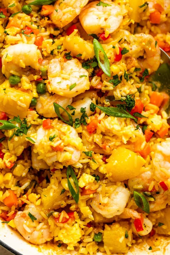 up close photo of Shrimp Fried Rice with pineapple chunks