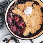 Blueberry Rhubarb Cobbler in a baking dish