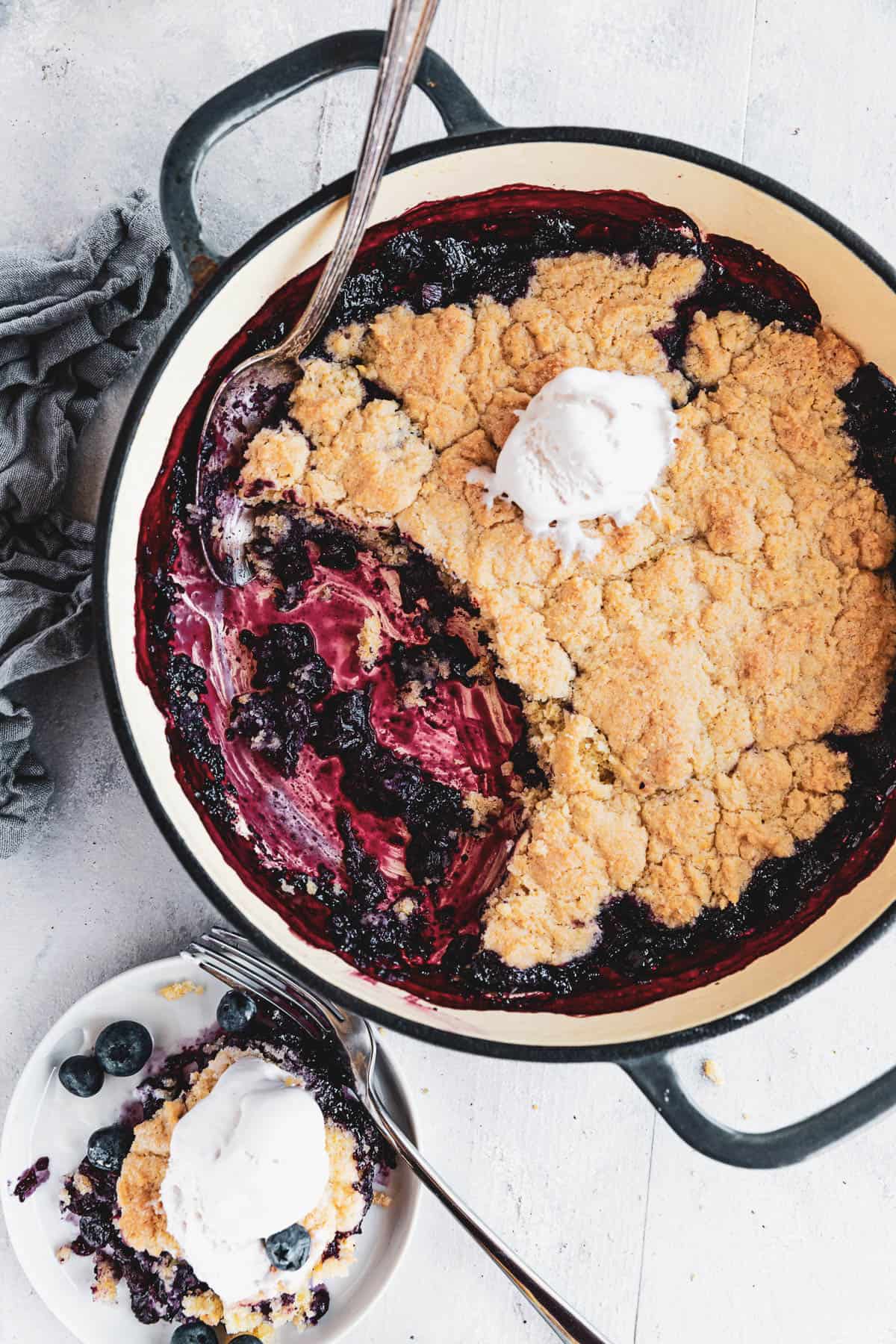 Blueberry Rhubarb Cobbler in a baking dish