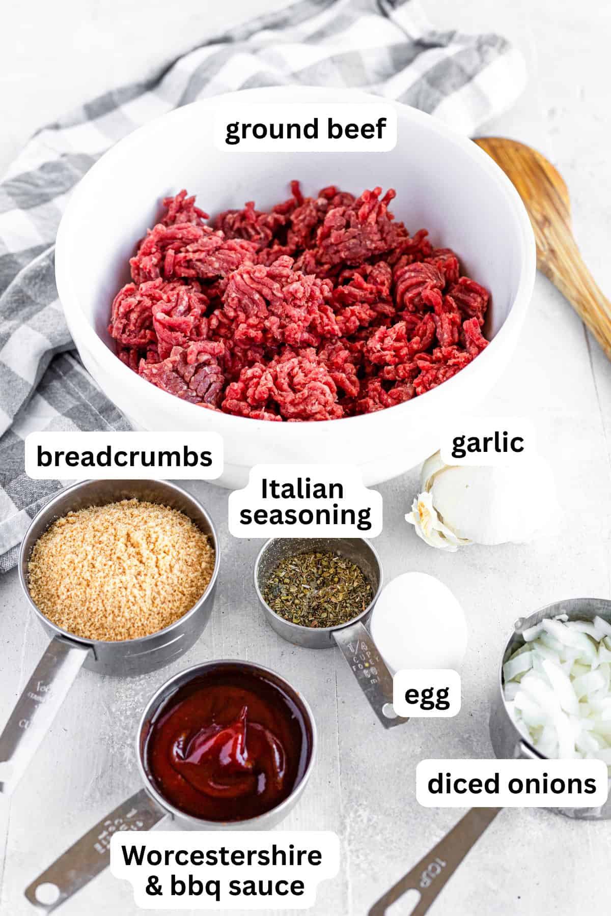Ingredients for meatloaf laid out on a table.