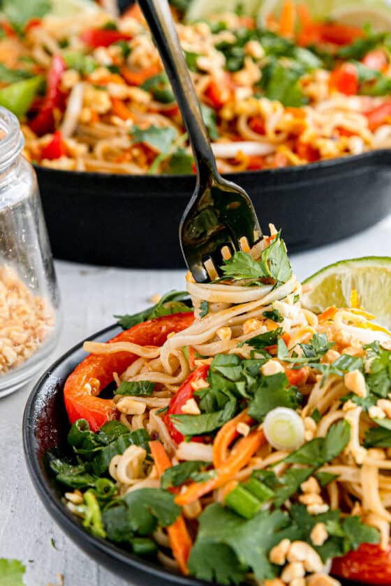 A Close-Up Shot of a Fork Digging Into a Plate of Pad Thai