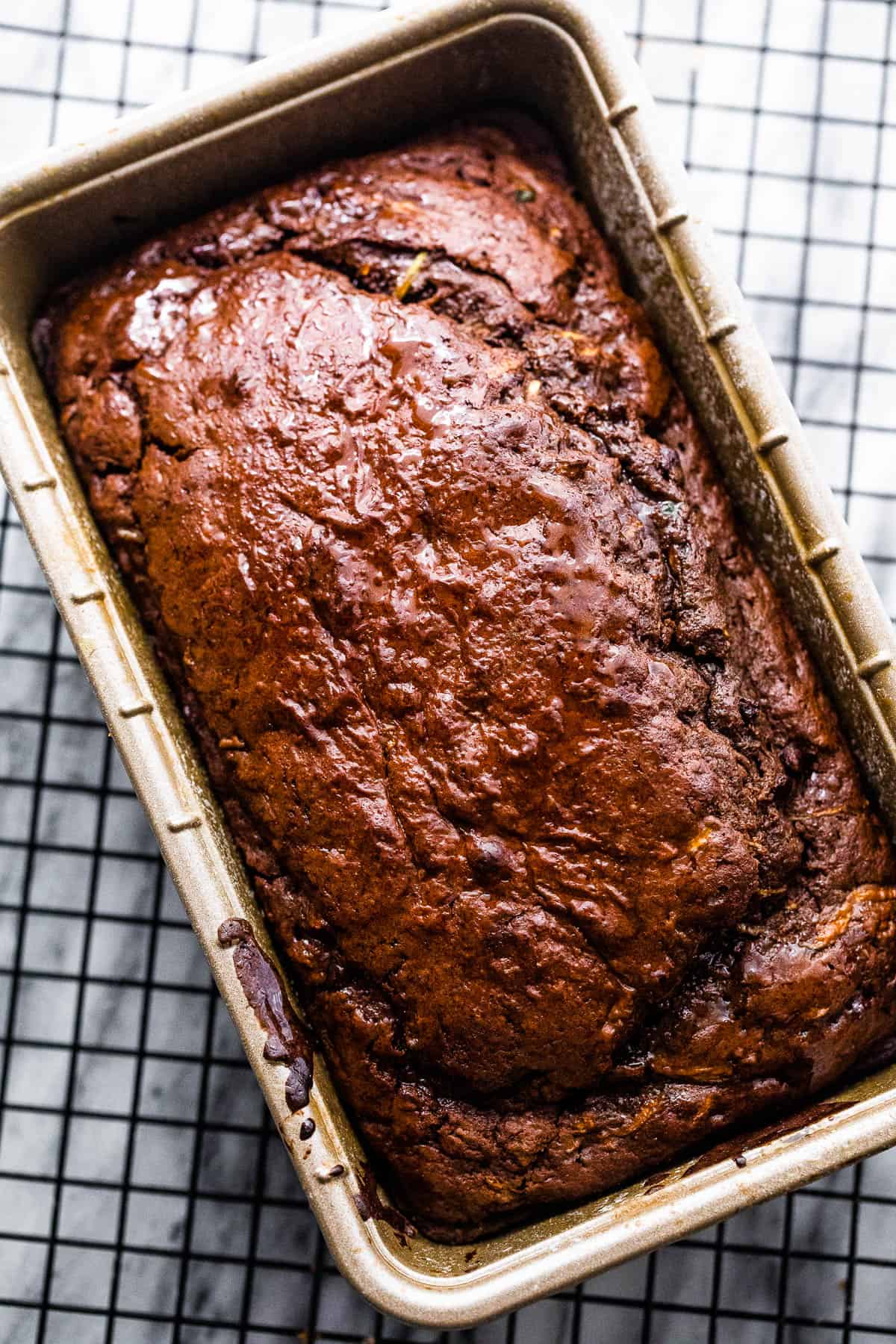 cooked chocolate zucchini bread in a loaf pan