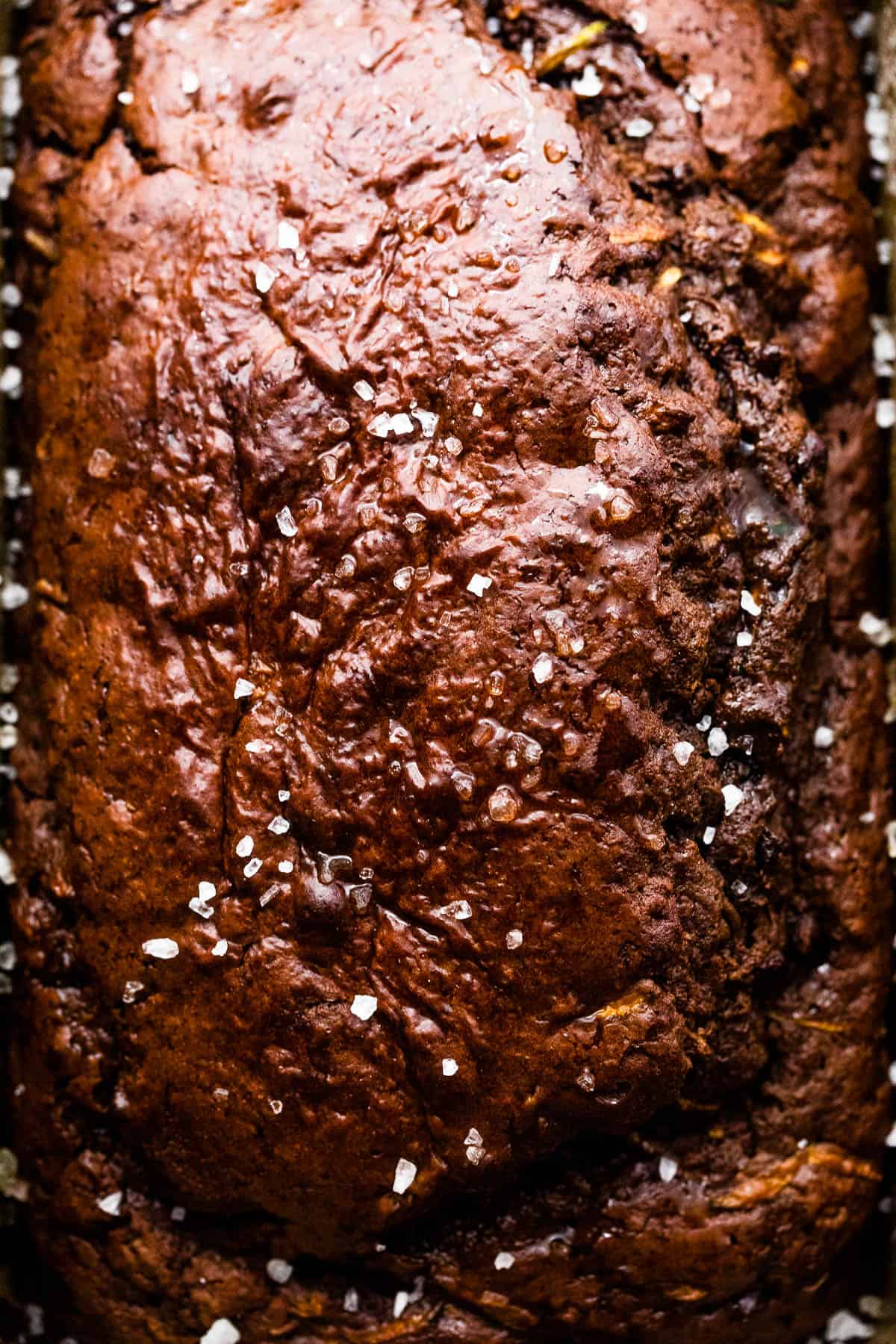 up close shot of chocolate zucchini bread in a loaf pan