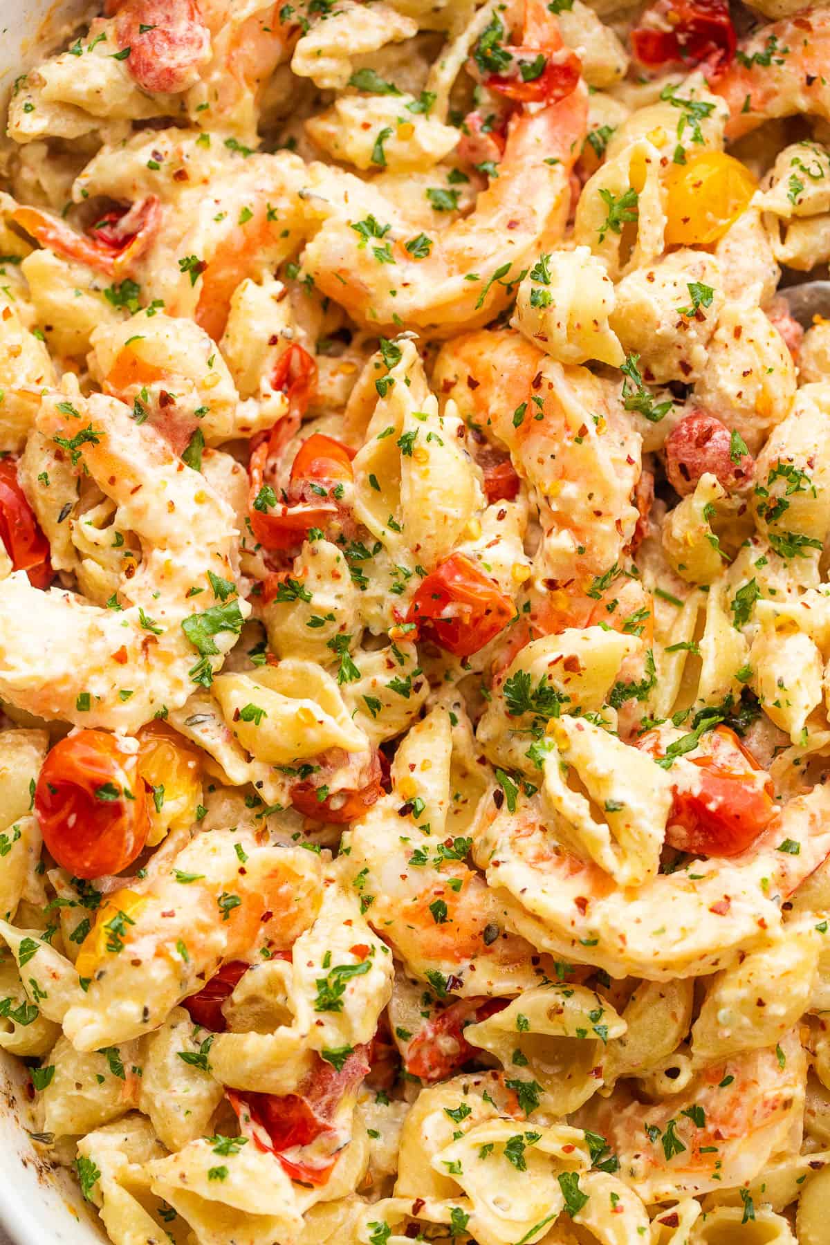 shrimp and pasta tossed with a cream cheese sauce and cherry tomatoes