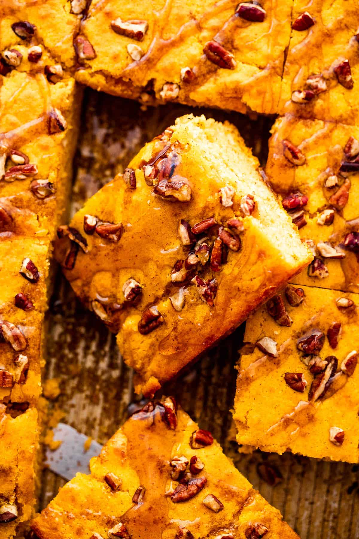 close up overhead shot of sheet pan pumpkin pancakes