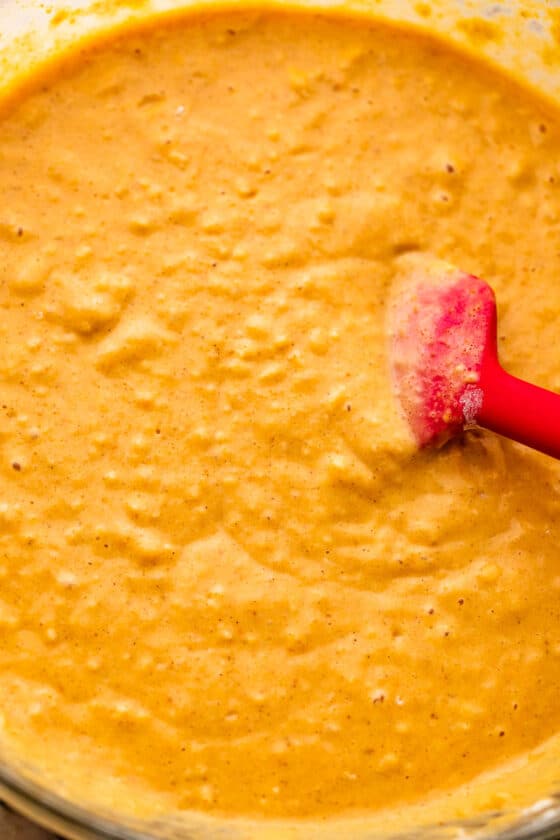 stirring pumpkin pancake batter