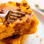 fork cutting into a pumpkin pancake