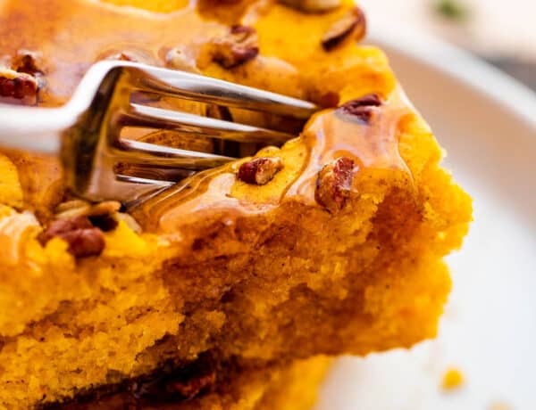 fork cutting into a pumpkin pancake