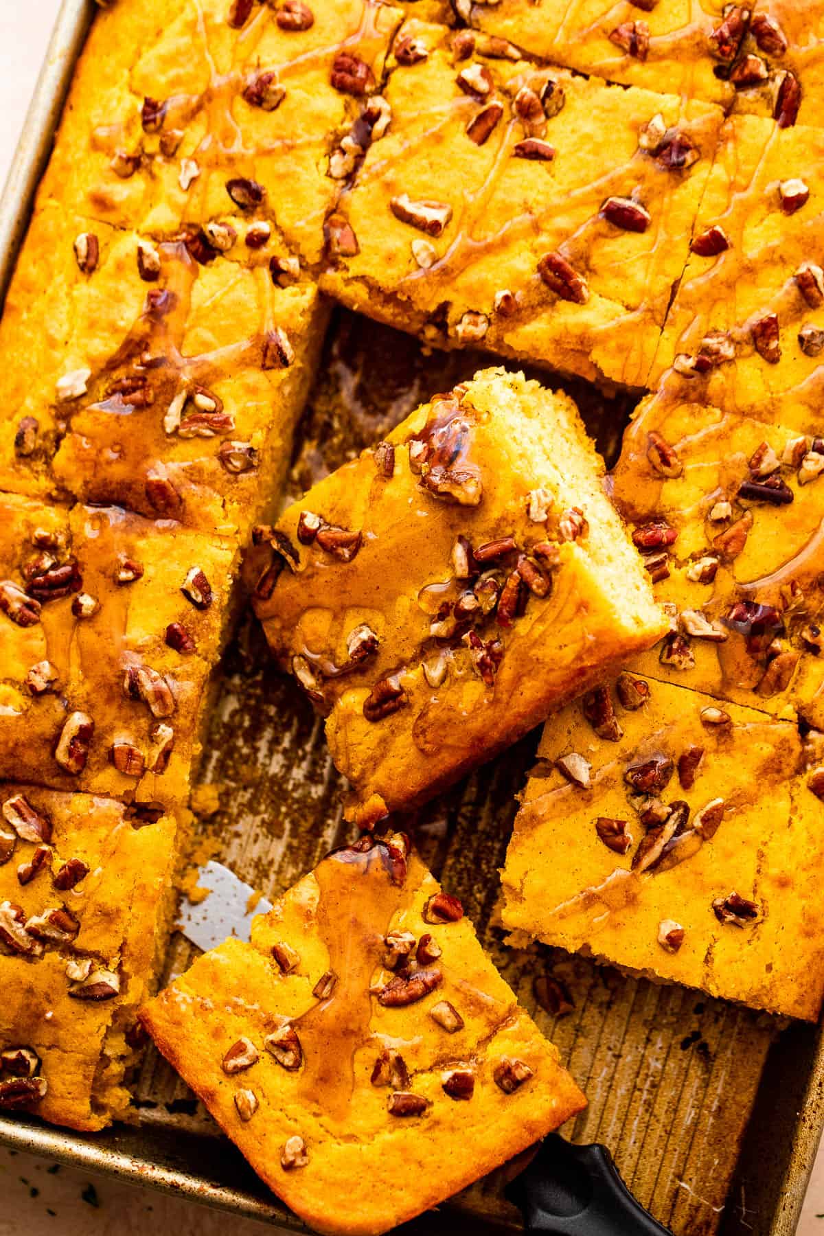 overhead shot of sheet pan pumpkin pancakes