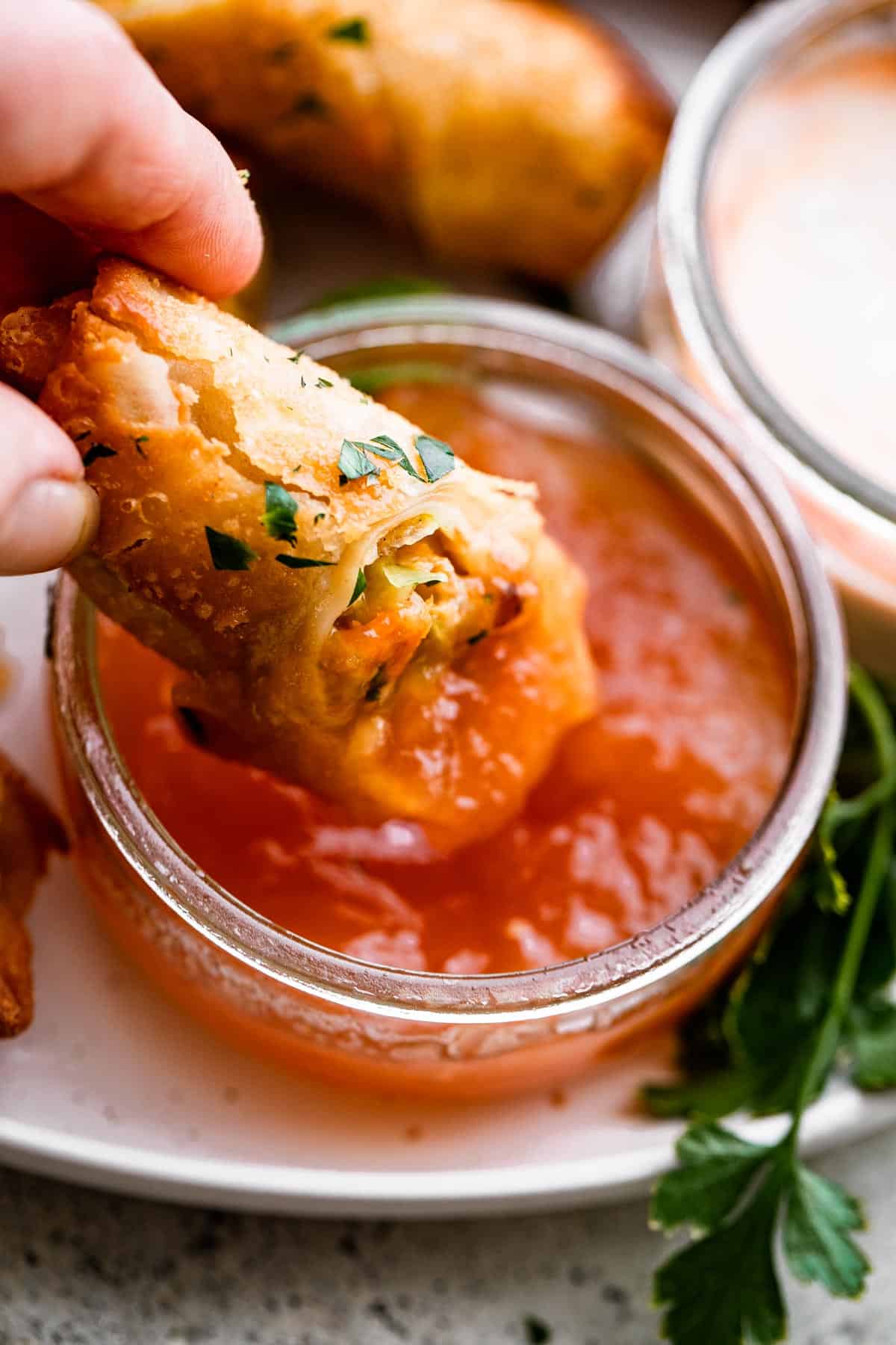 A small plate of spring rolls and dipping sauce, with one spring roll partially dipped in the sauce.