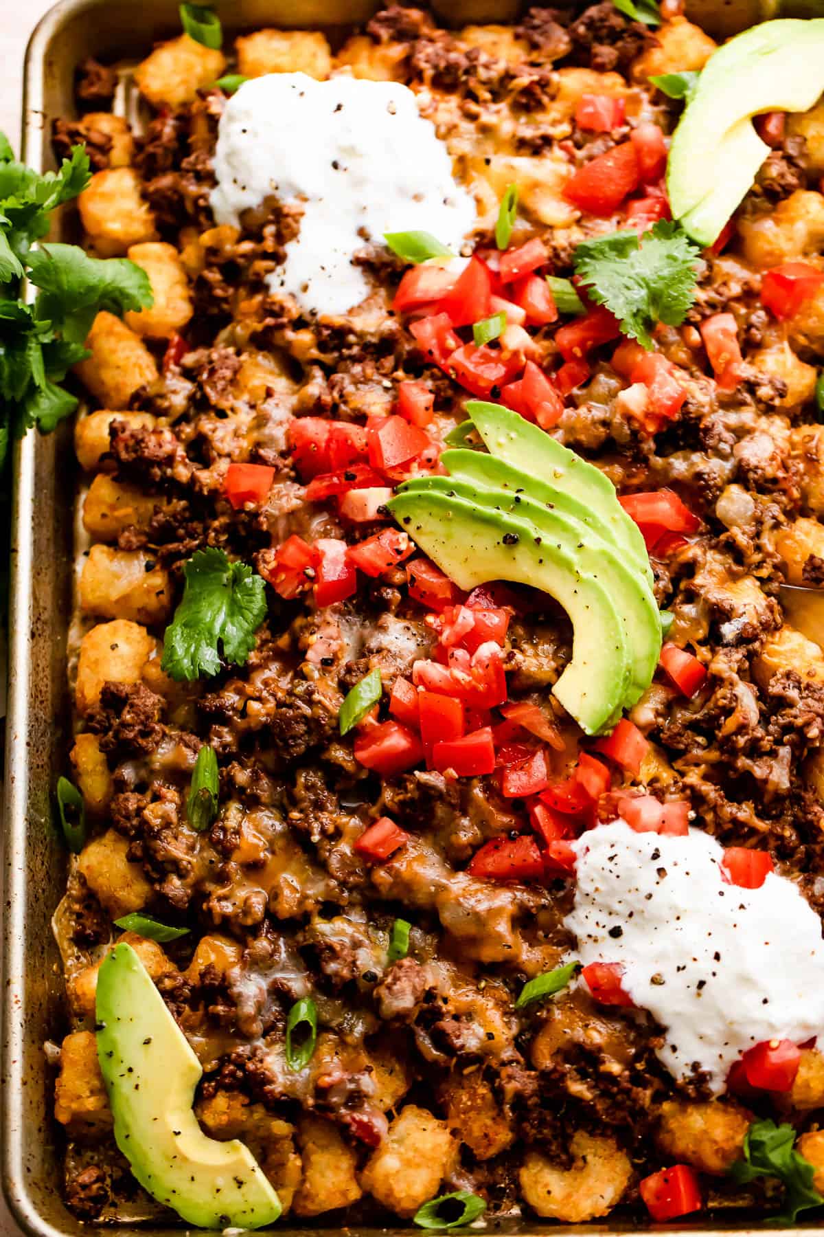 baking sheet with tater tots topped with ground beef, melted cheese, diced tomatoes, sour cream, and avocado slices