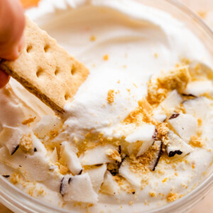 graham cracker dipping into a creamy coconut fruit dip topped with cookie crumbs and coconut shavings.