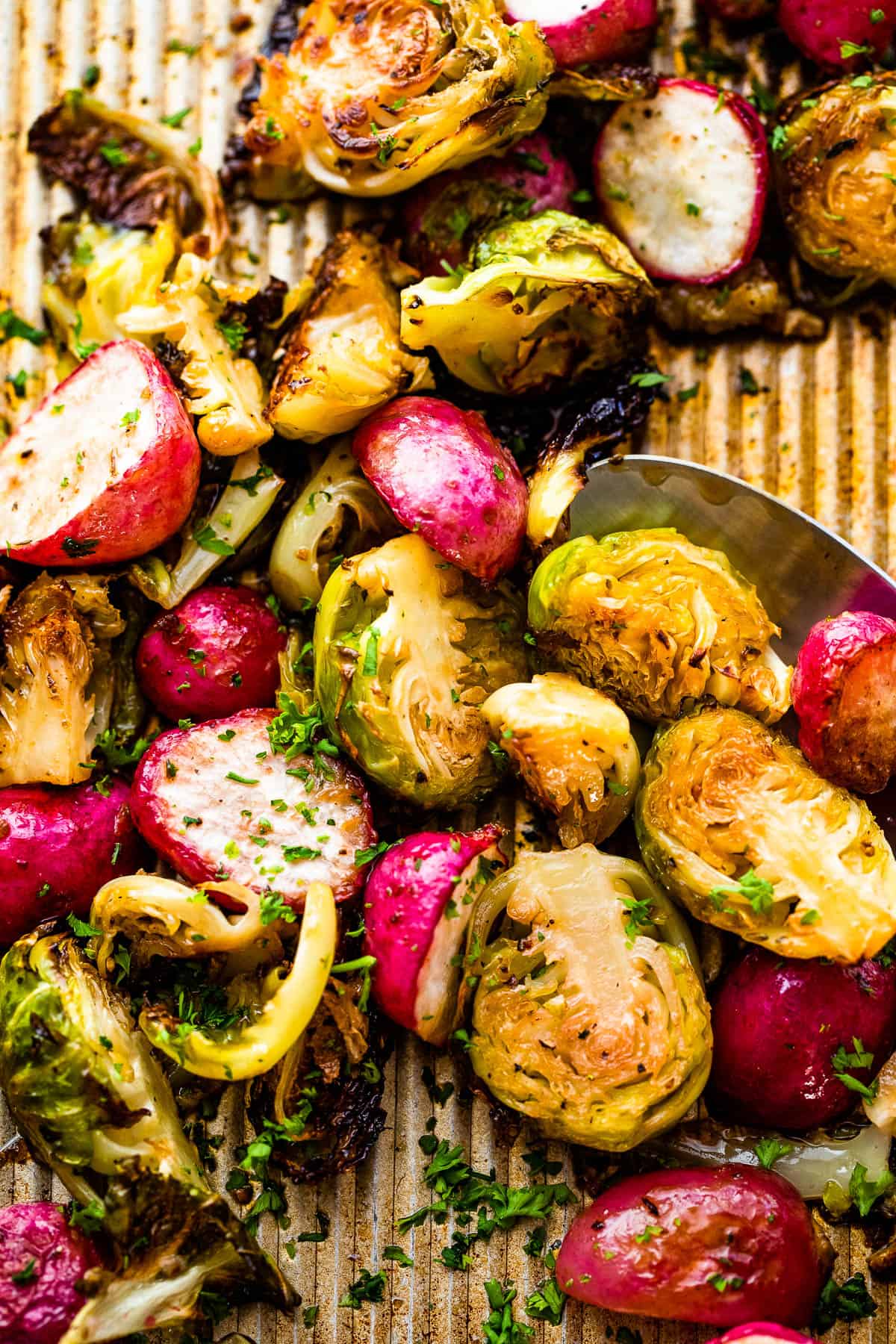 Close up shot of halved Roasted Brussels Sprouts and Radishes on a baking sheet