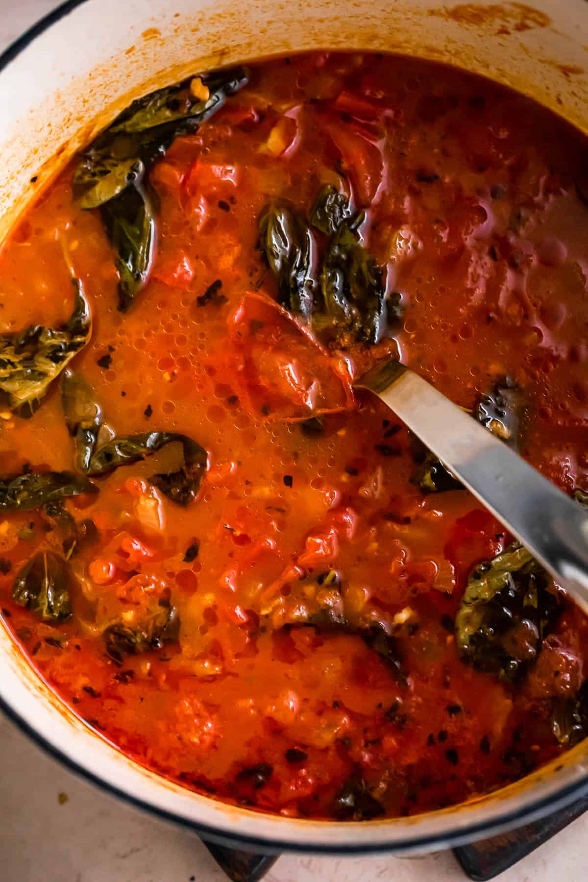 overhead shot of a pot with tomato soup and basil leaves.