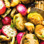 Roasted Brussels Sprouts and Radishes pinterest image.