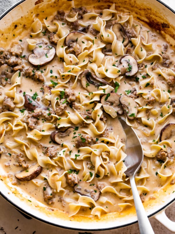 overhead shot of beef stroganoff with ground beef, noodles, and mushrooms.