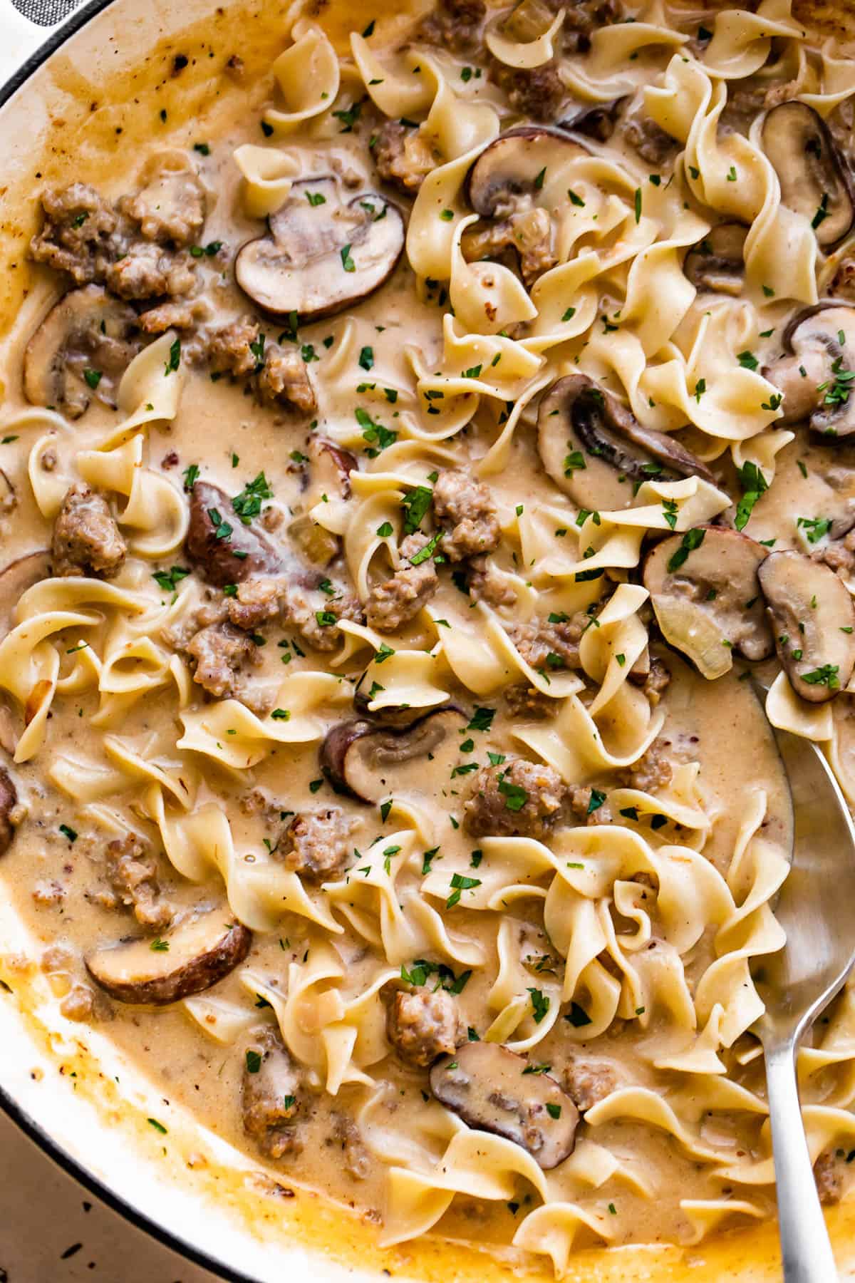 up close shot of beef stroganoff prepared with noodles, mushrooms, and beef.