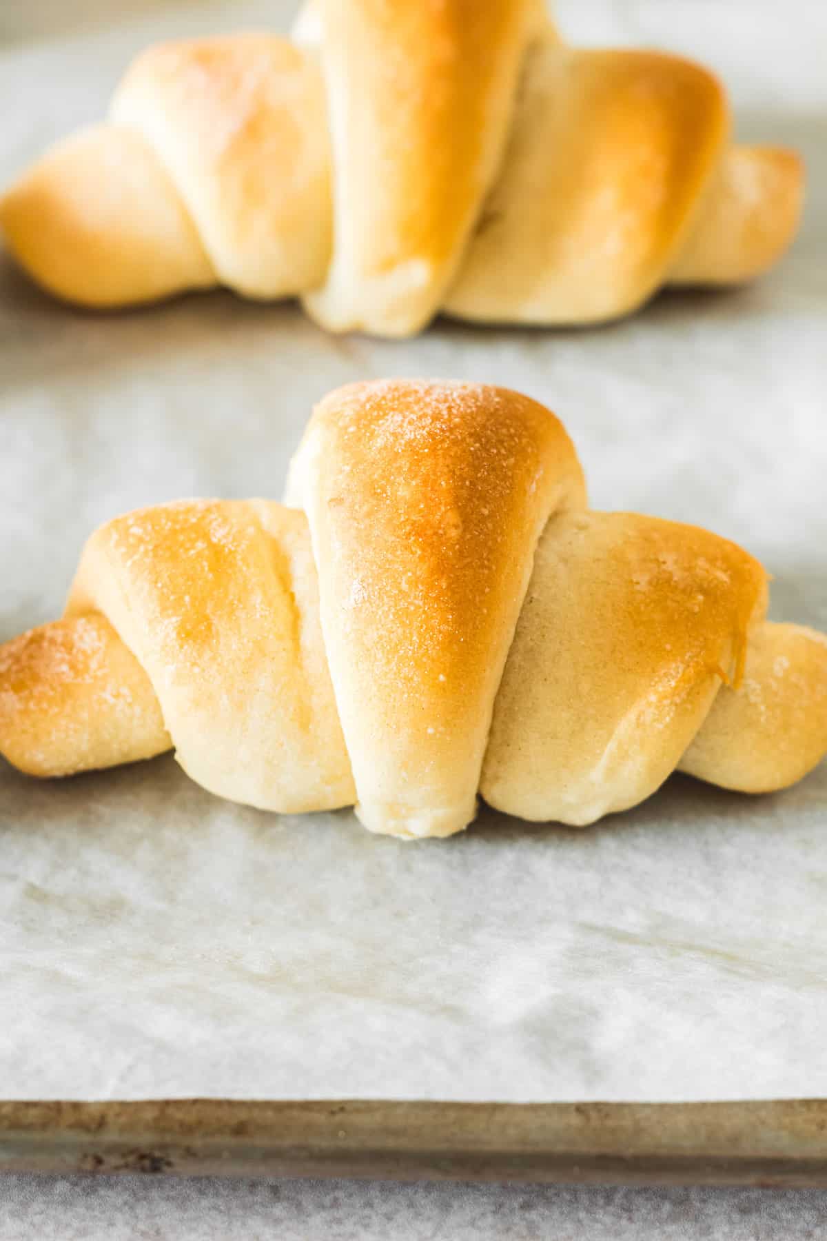 Close-up shot of two crescent rolls, shaped and baked.