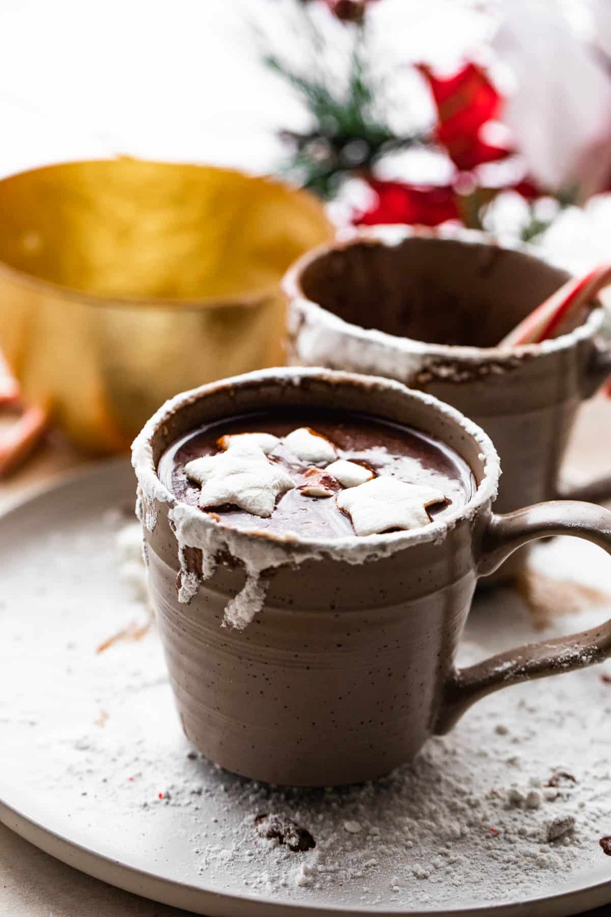 side shot of a brown mug filled with french hot chocolate and topped with marshmallows.