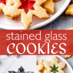 collage pinterest image of stained glass cookies.