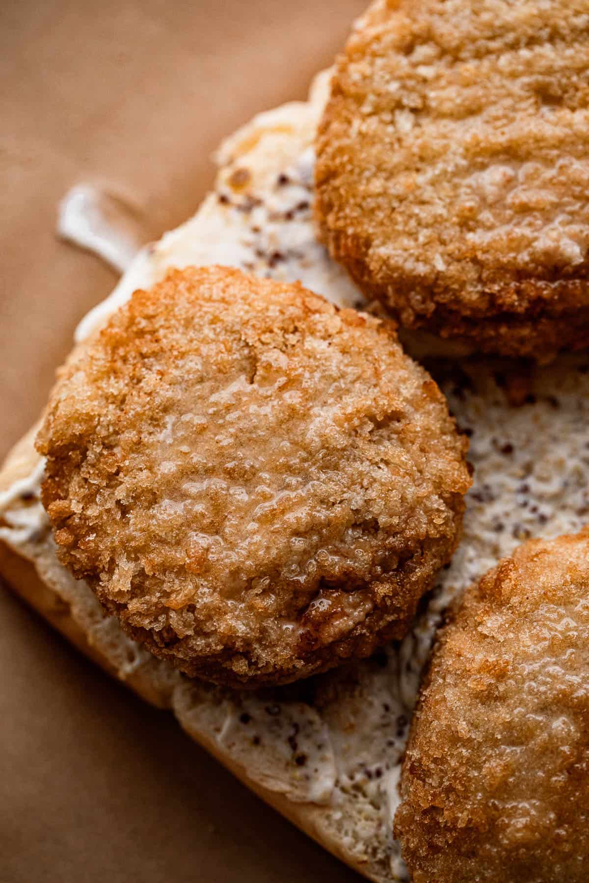 overhead shot of three crab cake patties