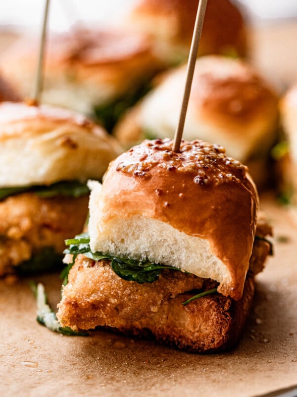 side shot of a slider with crab cakes.