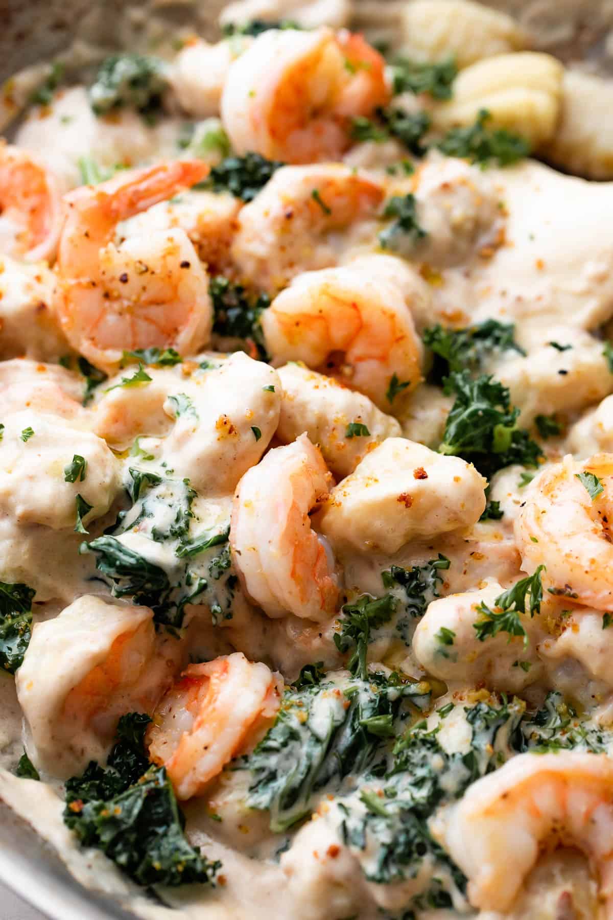 up close shot of a steel skillet filled with cream sauce, gnocchi, shrimp, and greens.