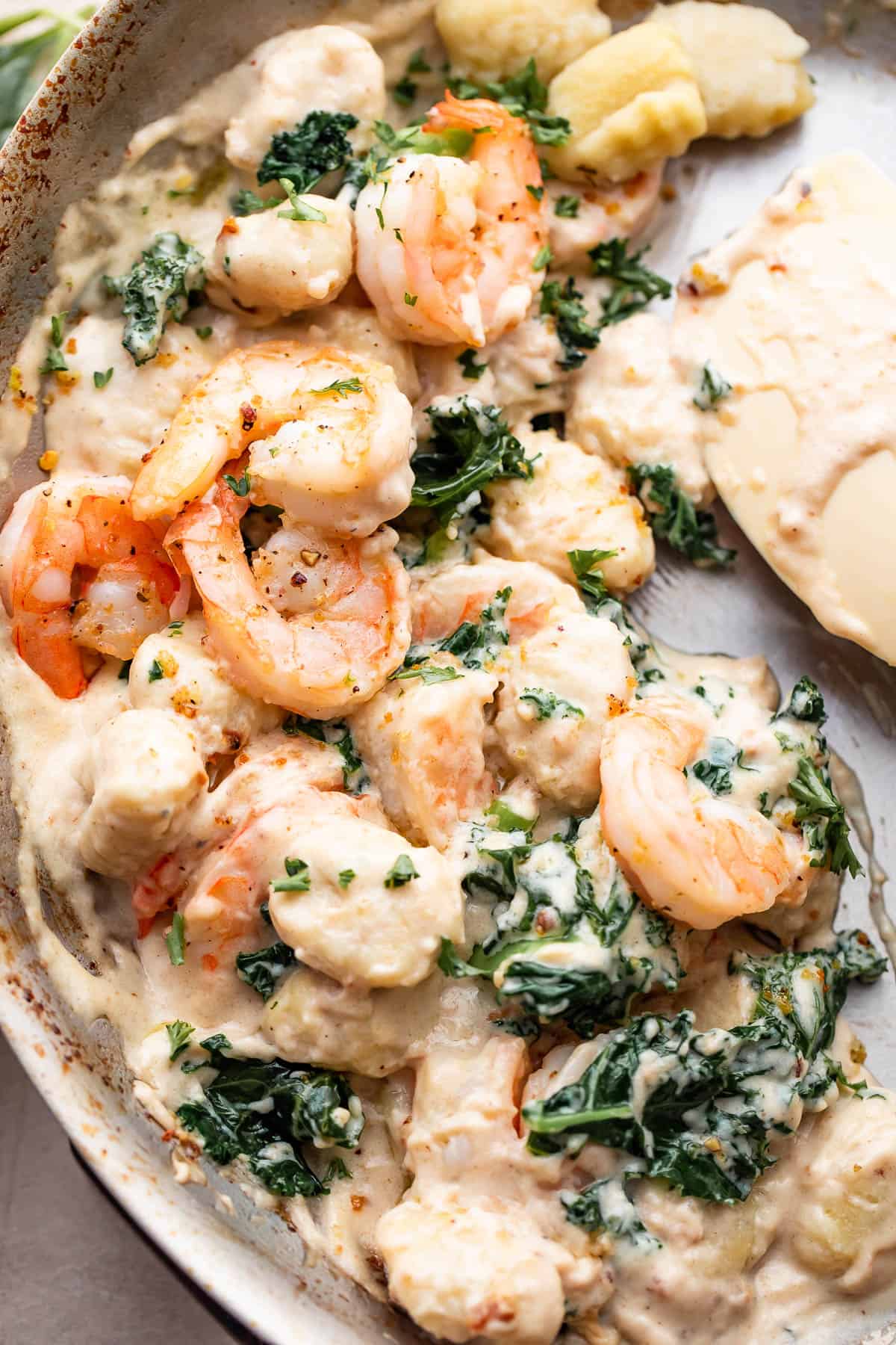 up close shot of a steel skillet filled with cream sauce, gnocchi, shrimp, and greens.