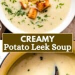 Creamy potato leek soup Pinterest image.