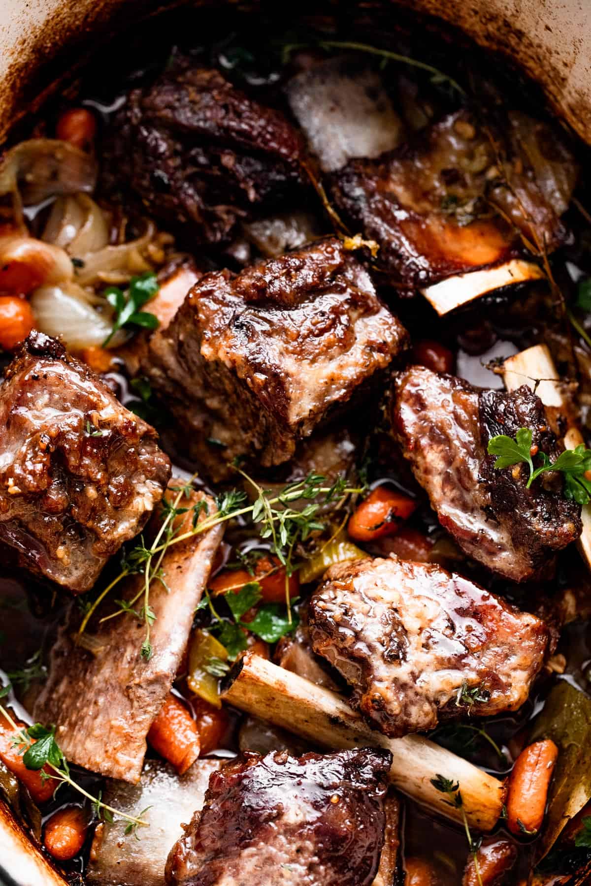 slow cooker braised short ribs arranged inside the slow cooker insert.