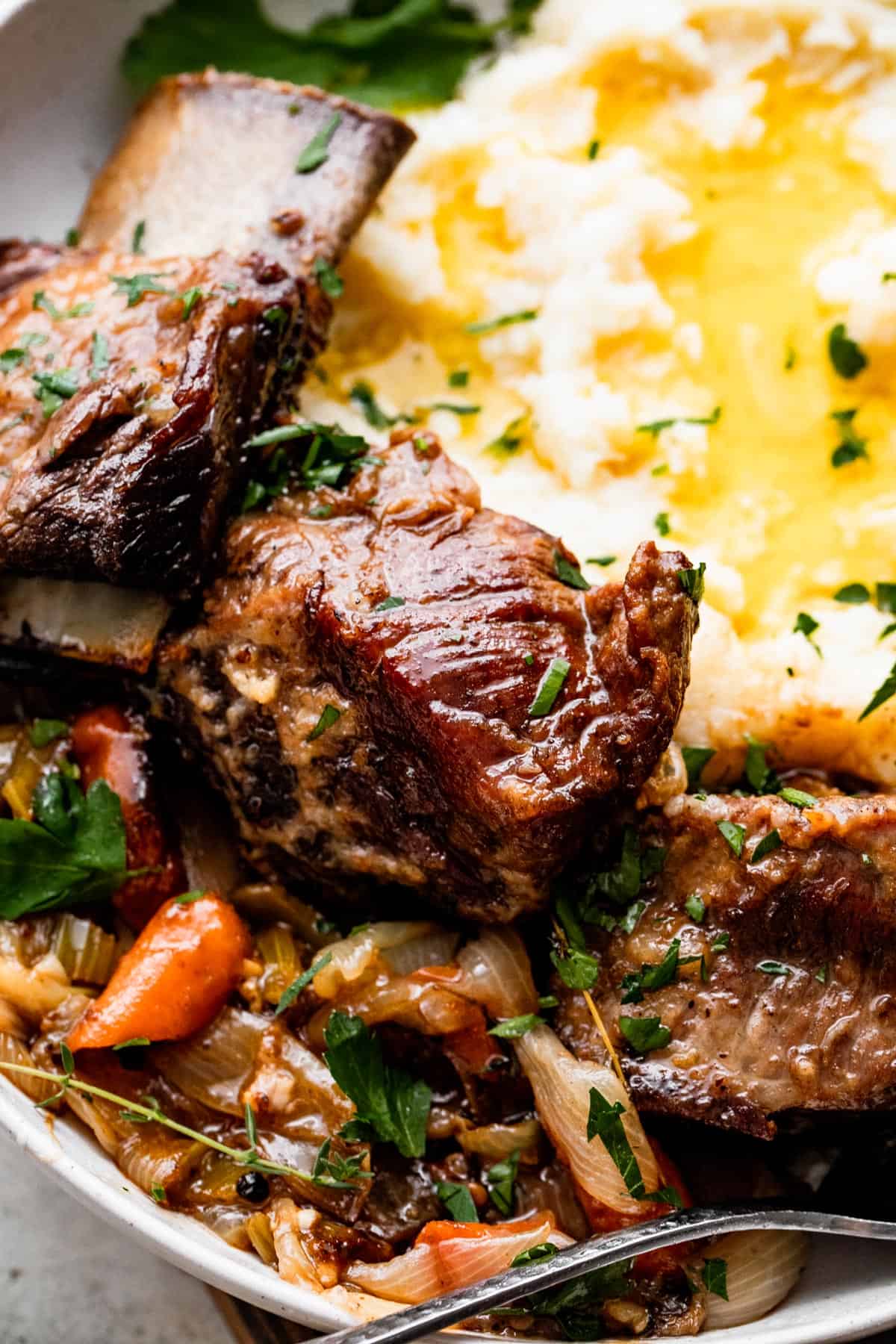 close up shot of a dinner plate with three short ribs arranged around mashed potatoes, with veggies and onions set on the other side of the short ribs.