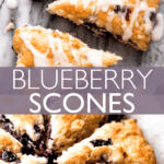 two picture collage pinterest image of blueberry scones with text overlay in the center of the collage.