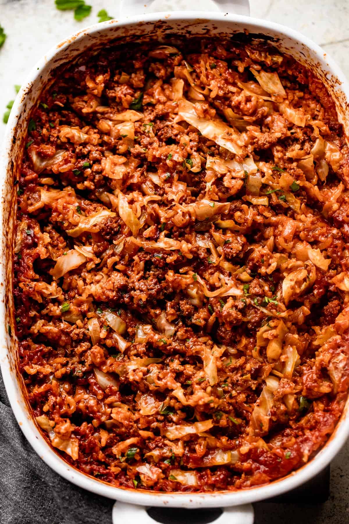 overhead shot of cabbage roll casserole in a baking dish.