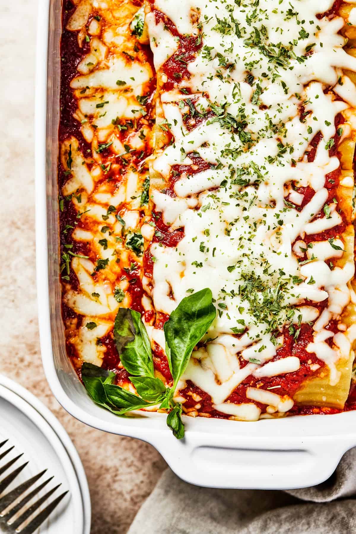 A white dish with pasta, marinara sauce, and melted cheese.