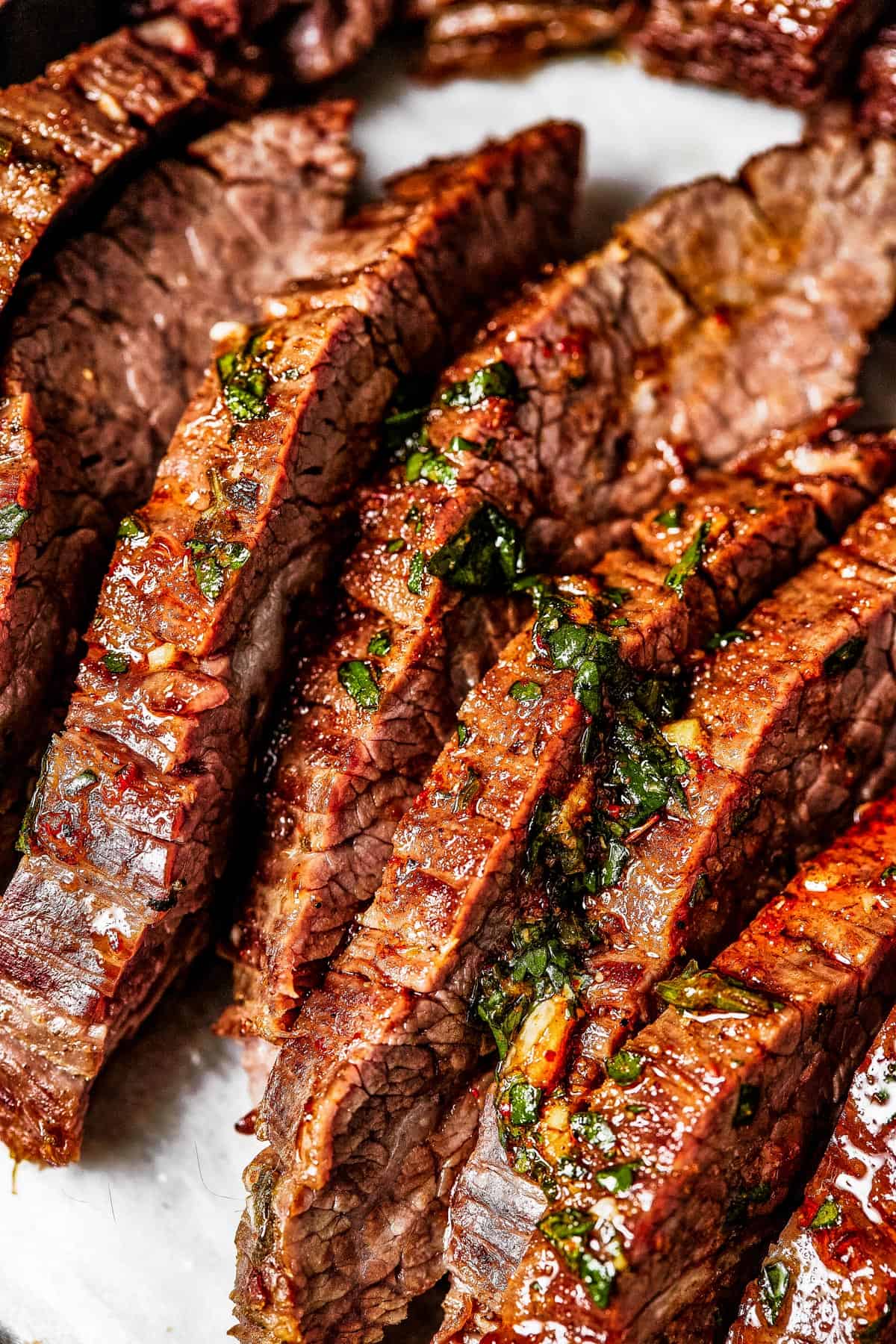 Close-up shot of sliced steak.
