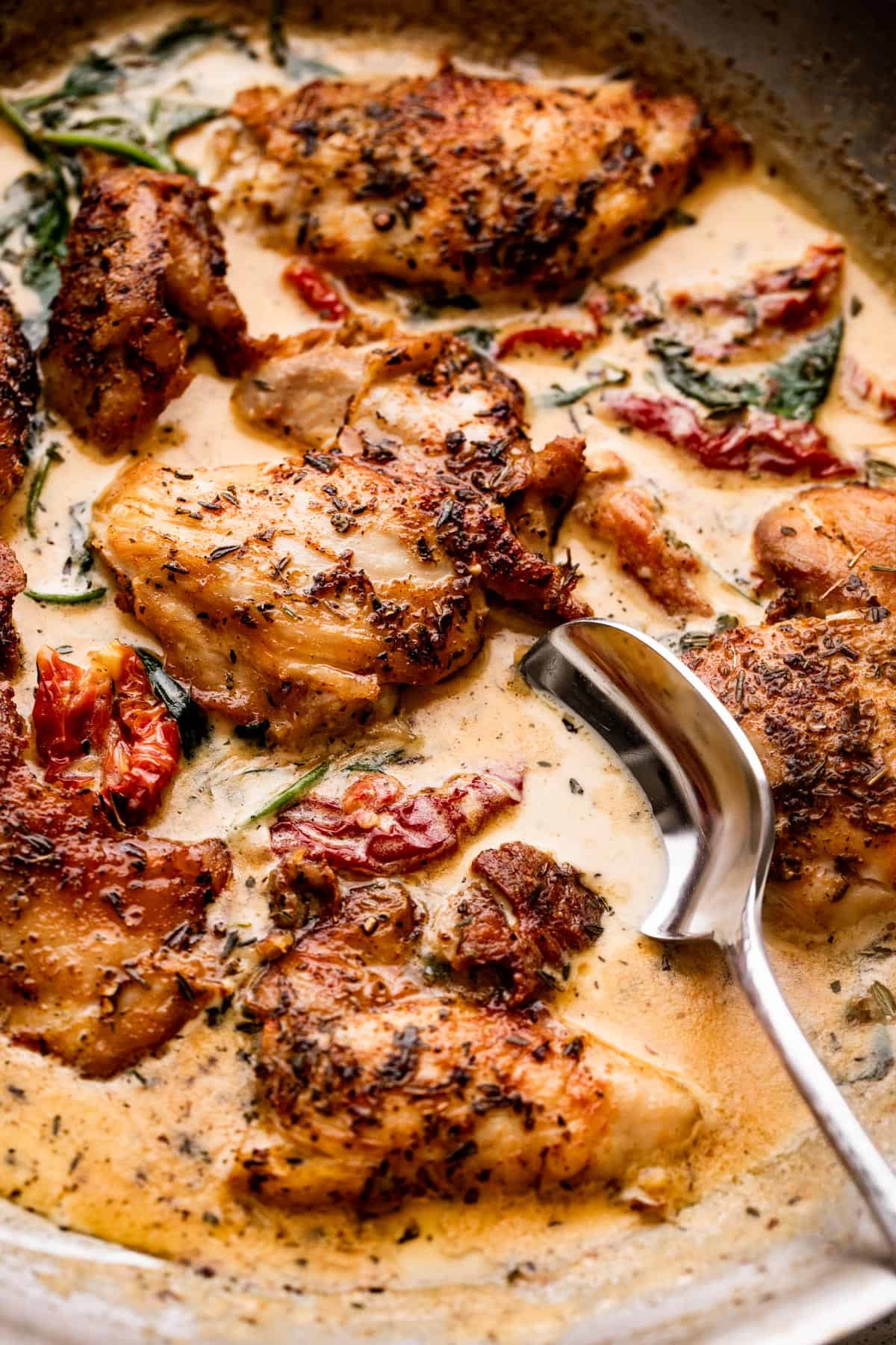 boneless chicken thighs in a creamy sun dried tomato sauce.