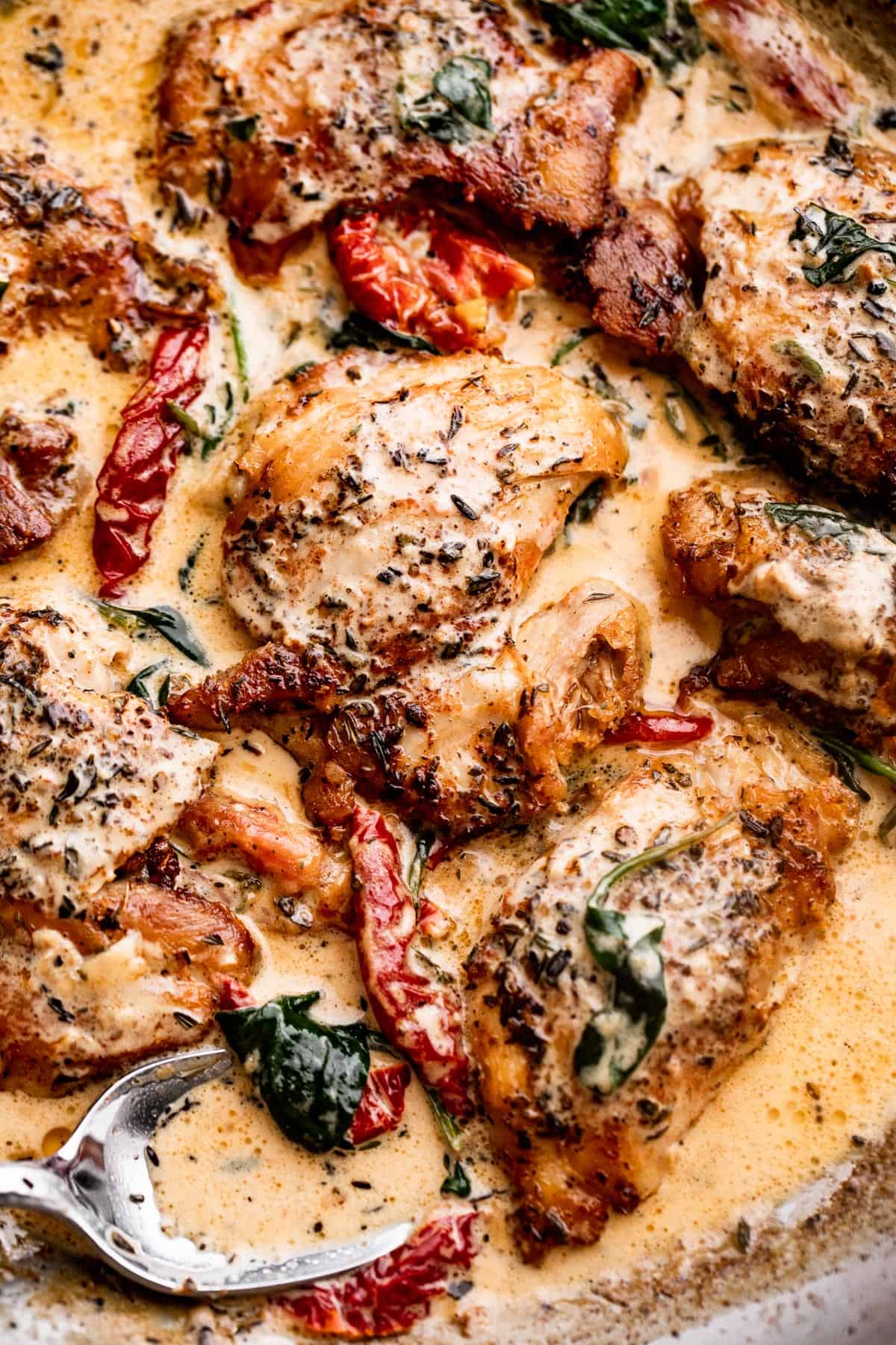 overhead close up shot of boneless chicken thighs in a creamy sun dried tomato sauce.