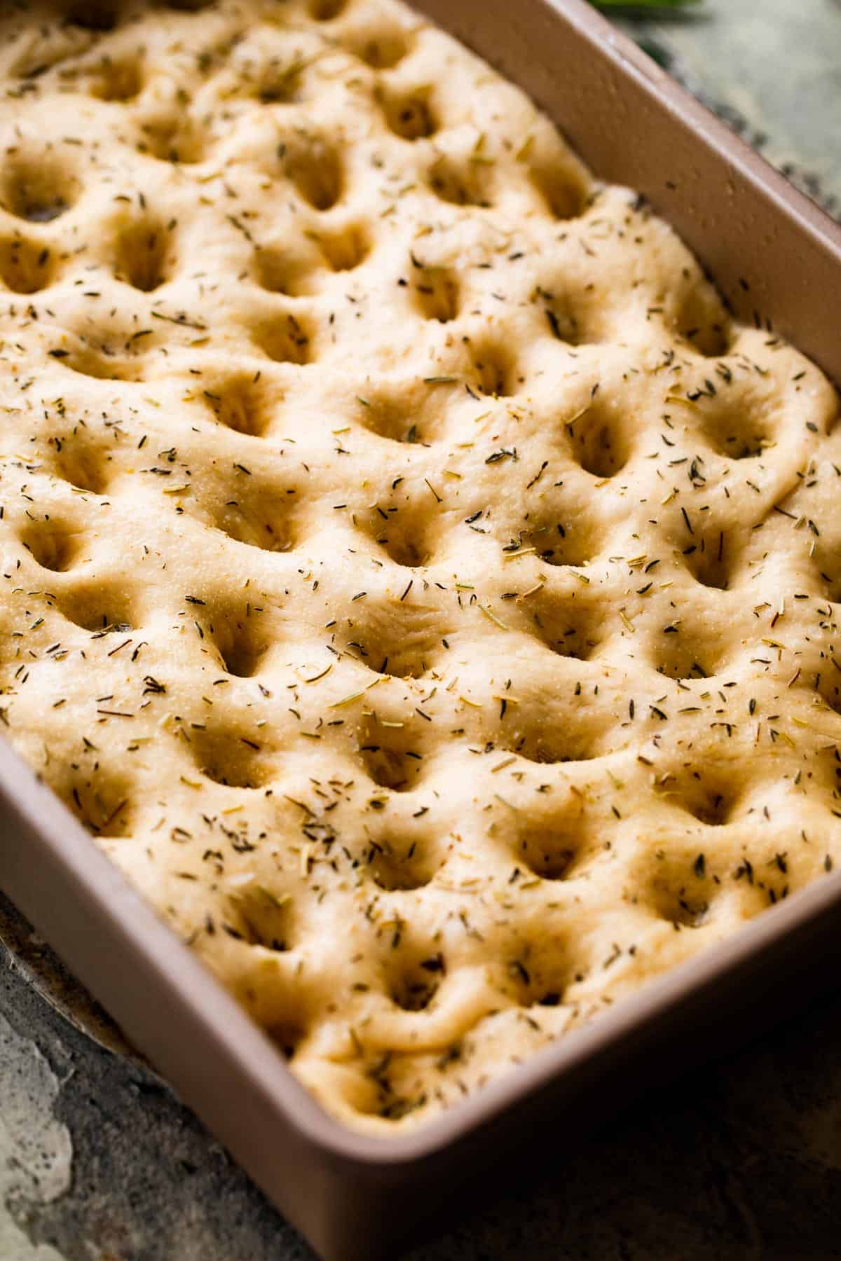 A pan of unbaked dough, poked all over with holes and sprinkled with fresh herbs.