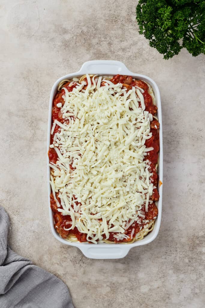 A layered, unbaked spaghetti casserole.