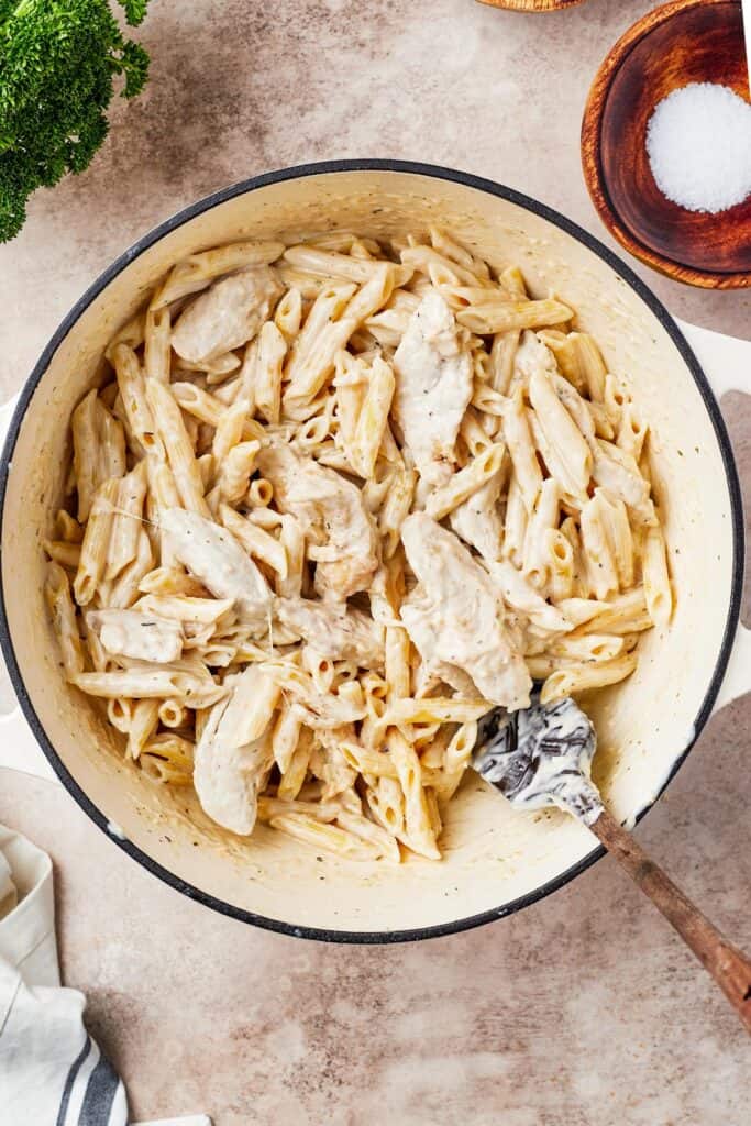 Chicken, pasta, and sauce in a large pot.
