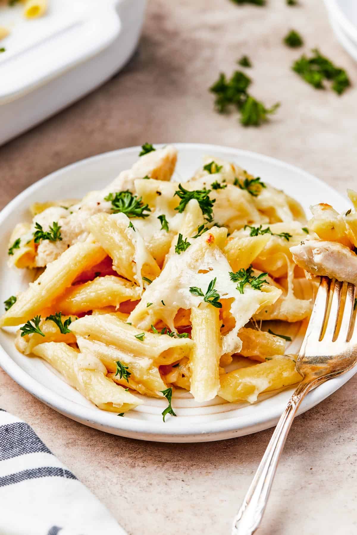 Chicken pasta with creamy sauce and melted cheese, on a small serving plate with a fork.