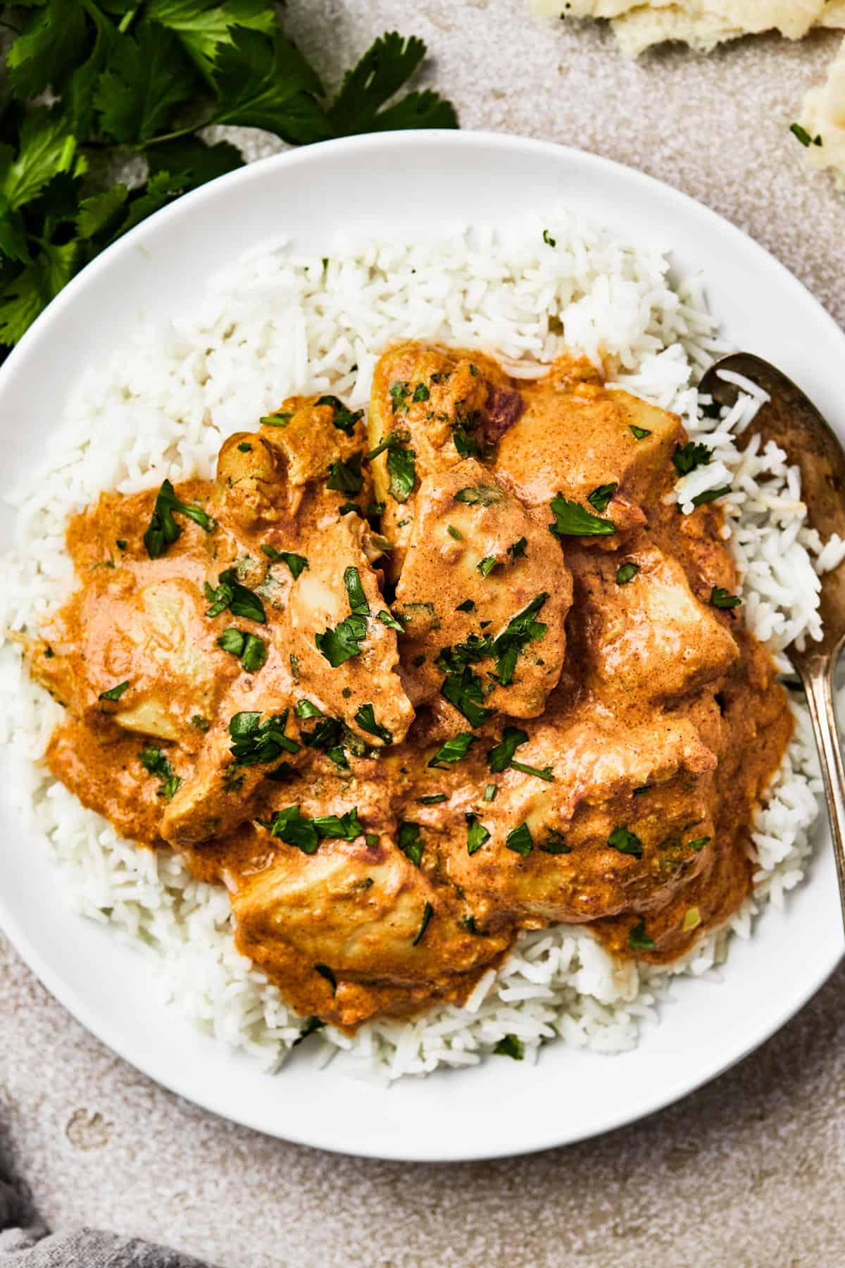A serving of butter chicken over white rice.