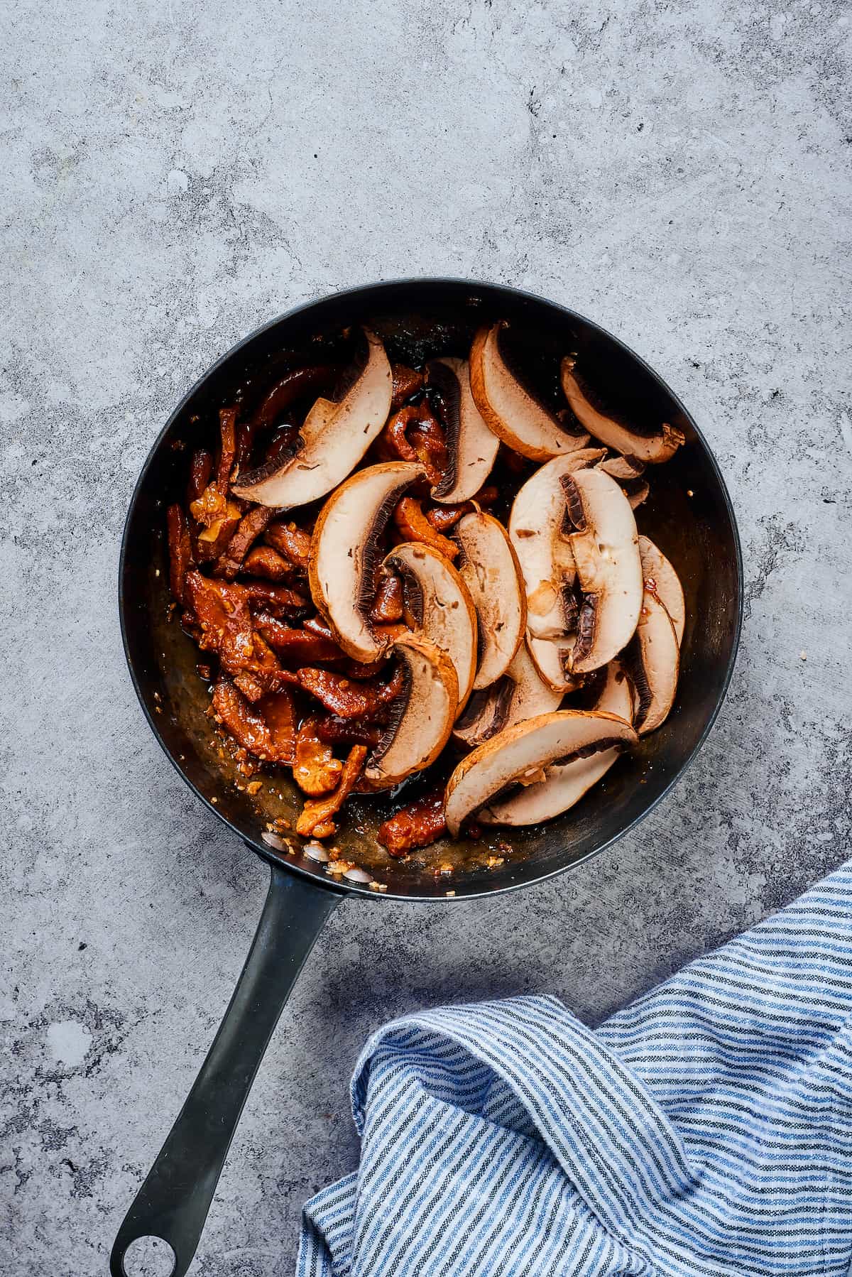 Beef and mushrooms in a skillet.