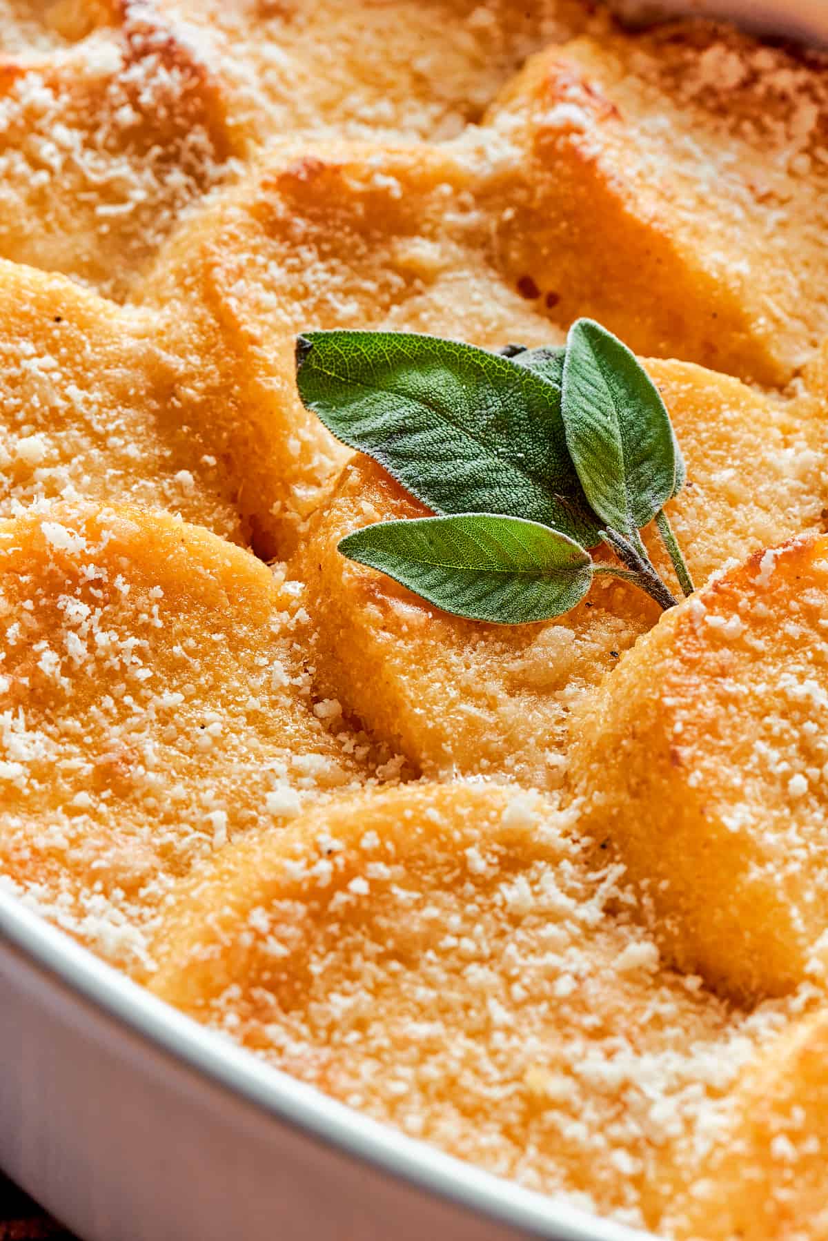 Close-up shot of gnocchi alla Romana, to show the texture of the crispy Parmesan.
