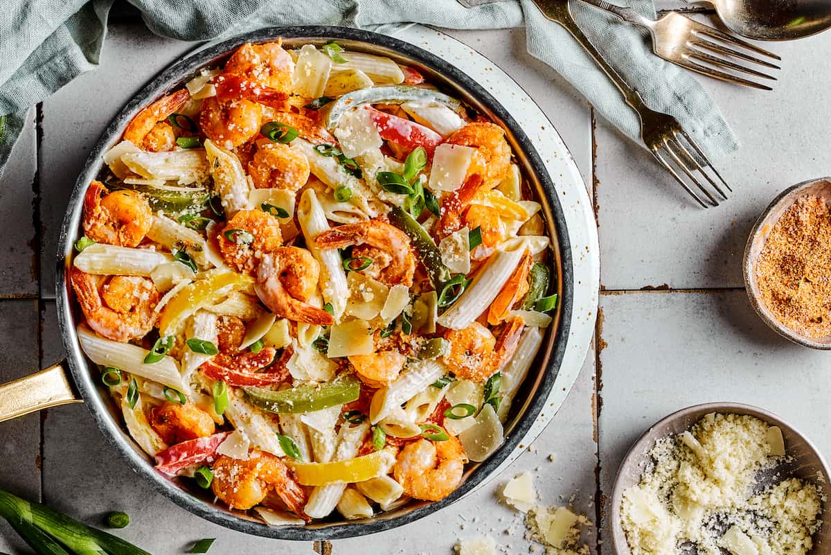 A skillet dinner of creamy pasta and shrimp.