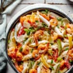 A skillet of Rasta pasta on a countertop.