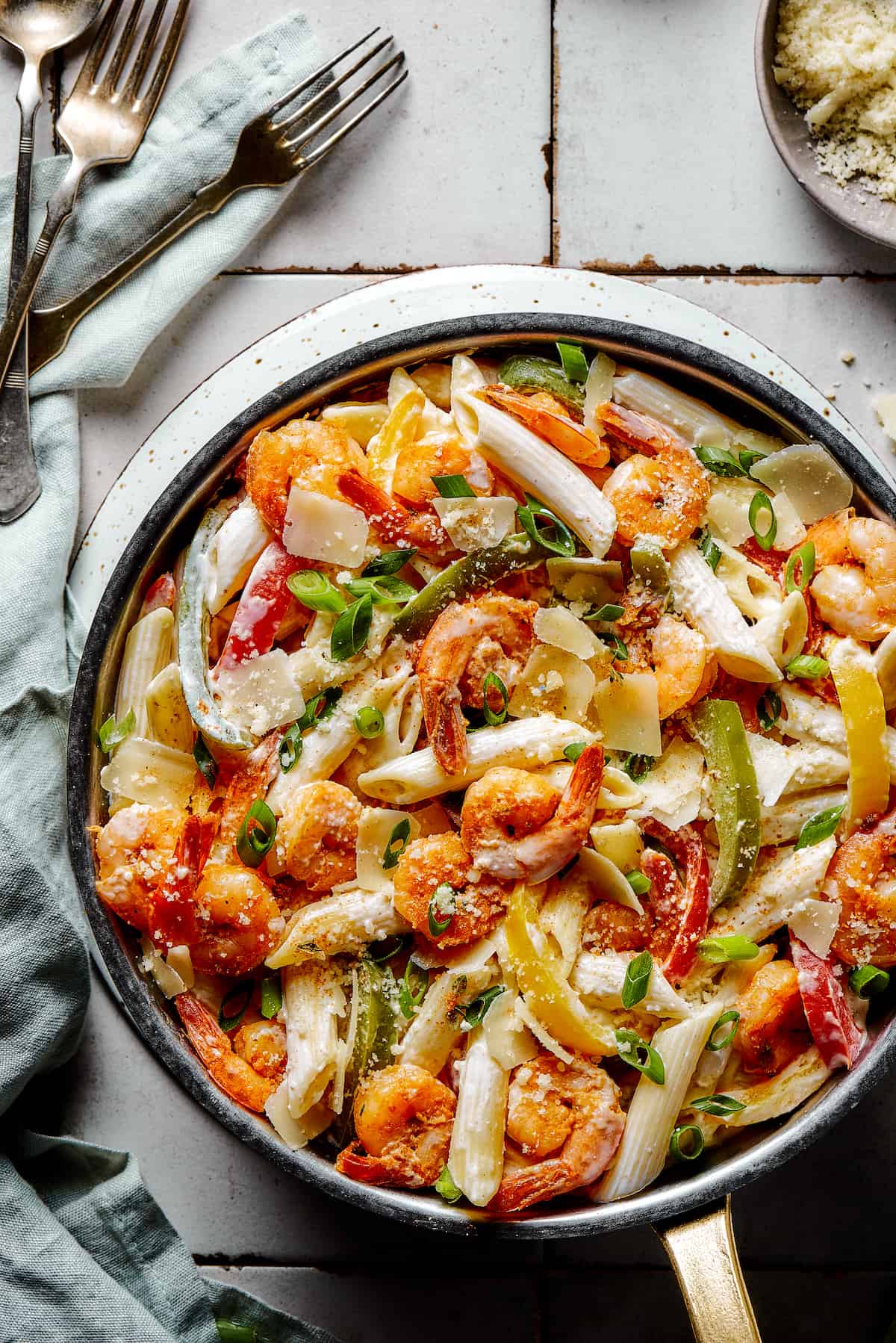 A skillet of Rasta pasta on a countertop.