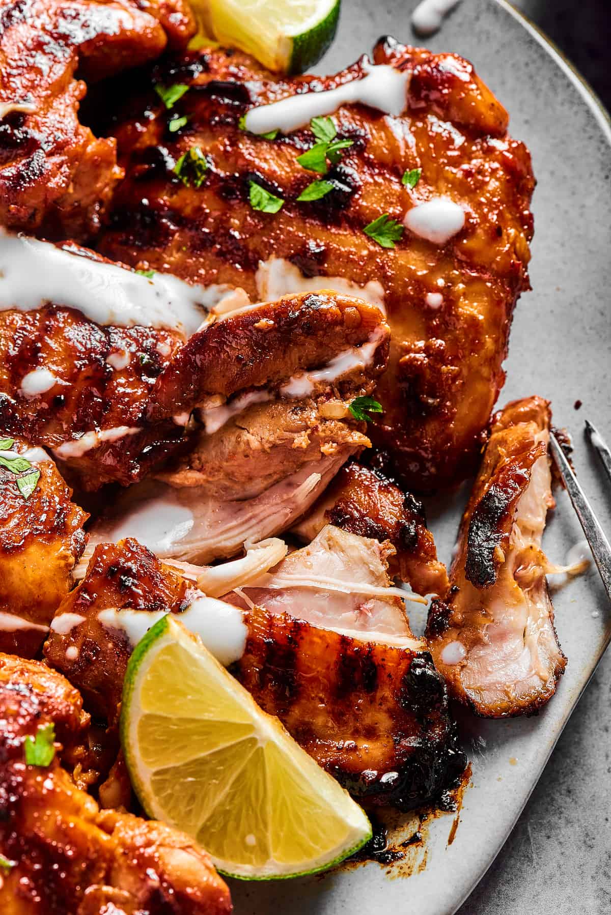 Grilled chicken on a white plate with herbs and yogurt.